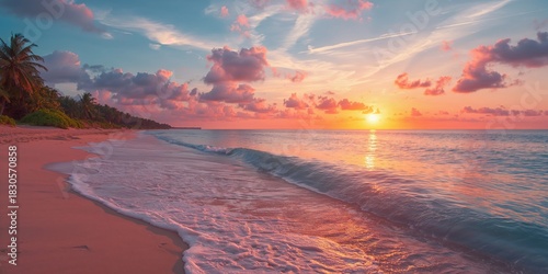 Fototapeta Naklejka Na Ścianę i Meble -  Sunset with the sea wave sky and beach, emphasizing natural landscape lighting during summer, Earth Day
