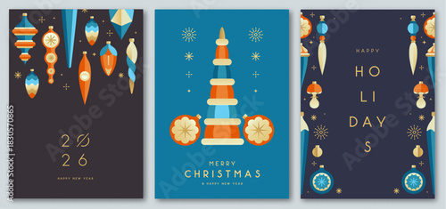 Set of Christmas holiday flat posters with tree toys, baubles, knick knacks, decorations. Christmas greeting card design. Vector illustration.