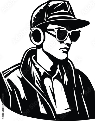 Man wearing hat sunglasses and headphones vector