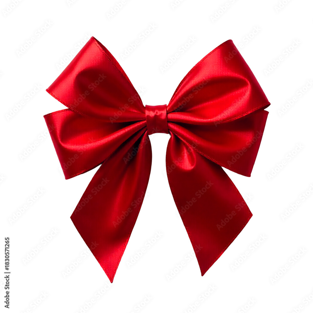 Fototapeta premium Shiny red satin ribbon bow object isolated on white background for Christmas gift, celebration, and holiday decoration design element