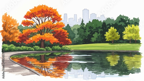 Vibrant autumn cityscape park scene with reflecting lake, a beautiful hand-drawn watercolor illustration