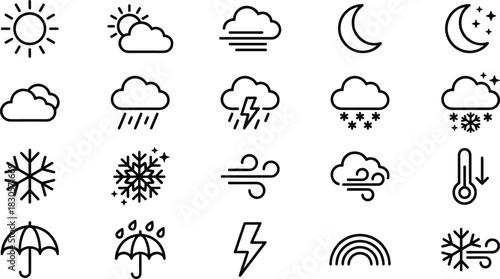 Comprehensive weather icon set featuring sun, clouds, rain, snow, wind, storms, temperature symbols, and atmospheric conditions in clean minimal vector style.