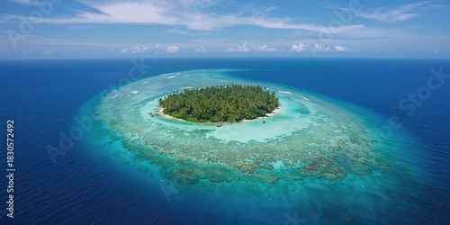 Fototapeta Naklejka Na Ścianę i Meble -  Untamed tropical island within an atoll in the Indian Ocean, emphasizing natural preservation