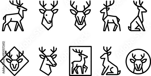 Reindeer icons set. Christmas deer, winter wildlife outline illustrations