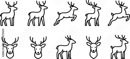 Reindeer icons set. Christmas deer, winter wildlife outline illustrations