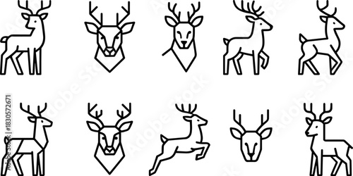 Reindeer icons set. Christmas deer, winter wildlife outline illustrations