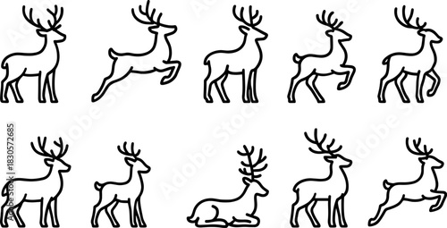Reindeer icons set. Christmas deer, winter wildlife outline illustrations