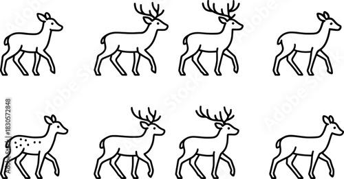 Reindeer icons set. Christmas deer, winter wildlife outline illustrations