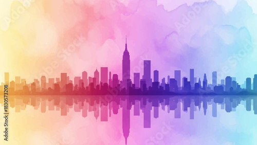 Vibrant City Skyline Reflection, a Watercolor Hand Drawn Illustration with Abstract Colorful Sky Background