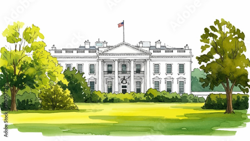 Historic governmental landmark building depicted in a vibrant, artistic watercolor hand-drawn illustration