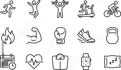 Fitness and health icon set featuring exercise activities, workout equipment, cardio symbols, wellness tracking, strength training, and lifestyle elements in clean vector style.