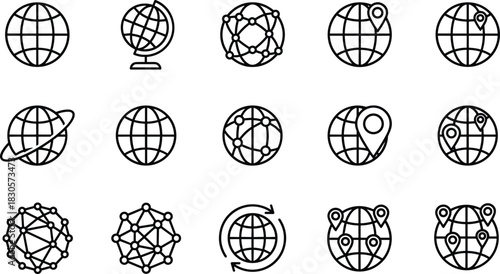 Global connectivity icon set featuring world map symbols, location pins, network spheres, rotating globe designs, and modern vector elements for international concepts.