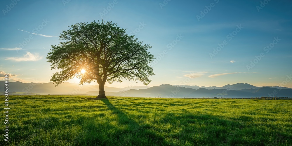 Obraz premium Vibrant summer scene with a tall lush tree bearing fruits, ideal for nature-themed background use