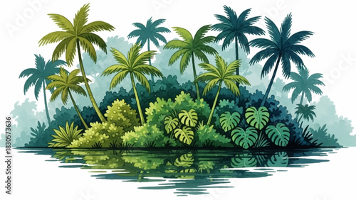 Vibrant watercolor hand drawn illustration of a lush tropical island paradise with palm trees reflecting in serene water