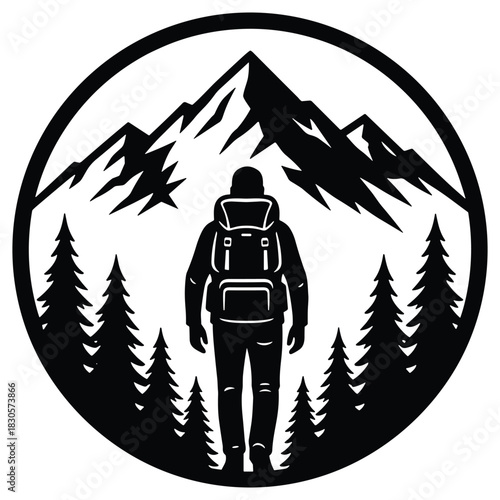 Hiker Backpack Mountain Pine Silhouette Circle