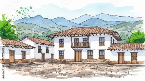 Picturesque traditional village architecture with mountains, a vibrant hand-drawn watercolor illustration