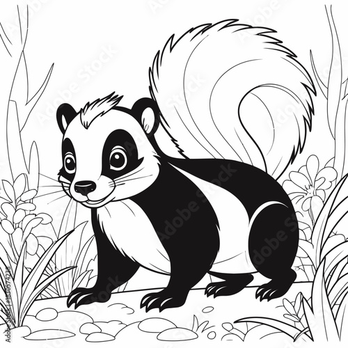 Skunk coloring page for kids, printable animal outline drawing, cute skunk illustration for children