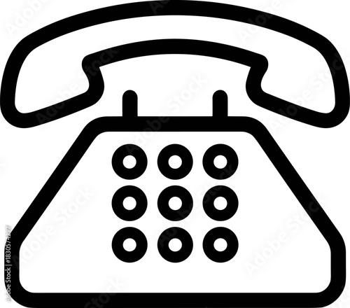 Minimalist Landline Telephone Icon Vector: Black Outline of Classic Desk Phone with Push Buttons - Ideal Communication Symbol, Contact Us Button, Retro Tech UI/UX Element.