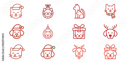 Festive Christmas Pets Outline Vector Icon Set