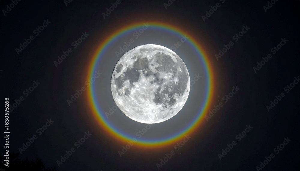 Obraz premium Moon with rainbow halo in night sky.