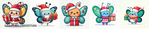 cute butterfly character vector in Christmas clothes carrying gifts
