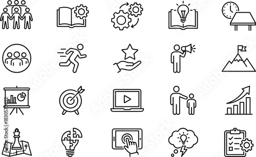 Business development and strategy icons set, goal achievement, teamwork, leadership, innovation, professional training, success path, flat linear vector illustration.