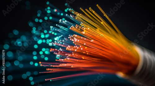 Vibrant close-up of colorful fiber optic strands, showcasing their intricate details against a dark background, emphasizing technology and connectivity in modern communication systems.