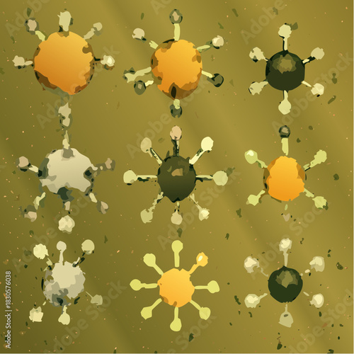 Abstract illustration of various forms of virus cells in diverse colors on a mottled golden background