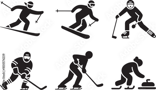 Winter sports silhouettes set six athletes participating in skiing snowboarding and ice hockey