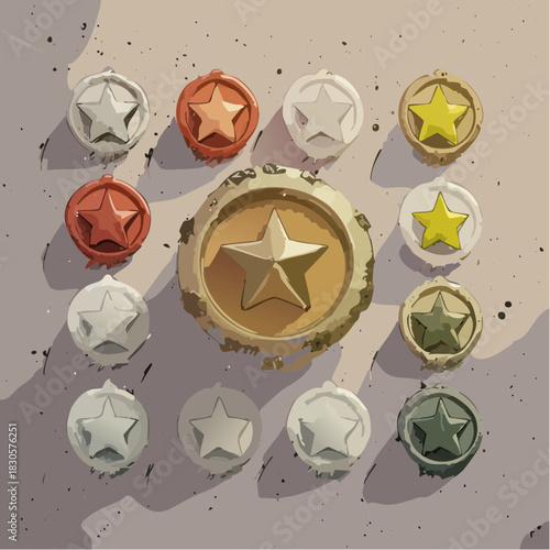 A collection of shiny and weathered star medals in gold, silver, and bronze. This illustration is perfect for game interfaces, rewards, and celebrating achievements