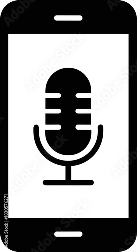 Mobile Phone Microphone Icon Vector Illustration - Black Glyph Style Smartphone Screen Showing Voice Recording or Assistant Symbol for UI/UX Design, Apps, and Digital Technology Concepts.