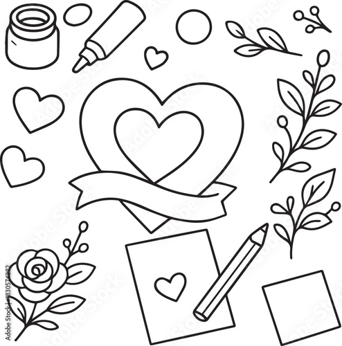 Hand-drawn doodle vector illustration for Valentine’s Day showing handmade card-making elements in simple black and white line art, perfect for romantic crafts, DIY valentines, love themes and colorin