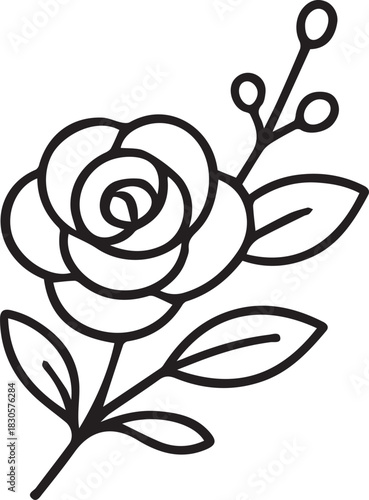 Hand-drawn doodle vector illustration of a rose branch for Valentine’s Day, created in simple black and white line art for romantic themes, love designs, floral decorations and coloring pages.
