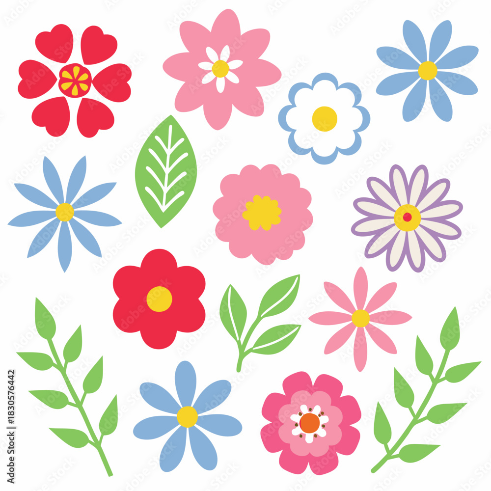 Obraz premium Vector floral set with blossom flowers and leaves in minimalist style for design