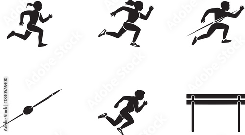 Female athletes sprinting running javelin throwing and jumping track sport silhouettes vector set