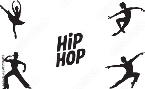Four dancer silhouettes and hip hop typography depicting urban and ballet dance styles