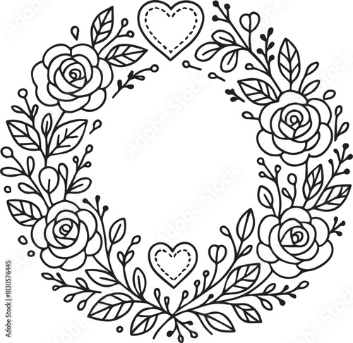 Hand-drawn doodle vector illustration of a Valentine’s Day wreath made of roses and hearts, created in simple black and white line art for romantic themes, love designs, greeting cards and coloring pa
