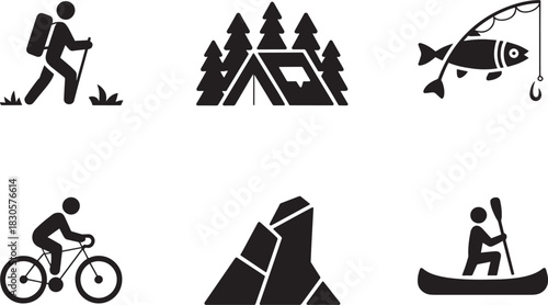 Outdoor recreation and sport icons set hiking camping fishing cycling mountain climbing and kayaking symbols