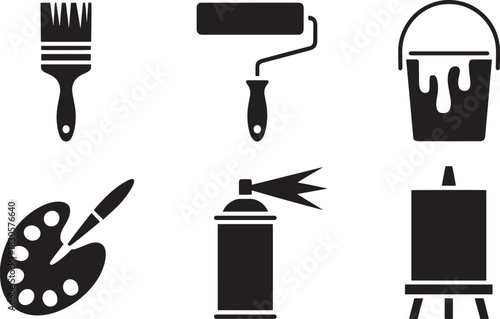 Painting and art supplies icons set brush roller paint bucket palette spray can and easel stand