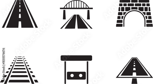 Road infrastructure highway bridge tunnel railway and traffic sign icons flat design vector set