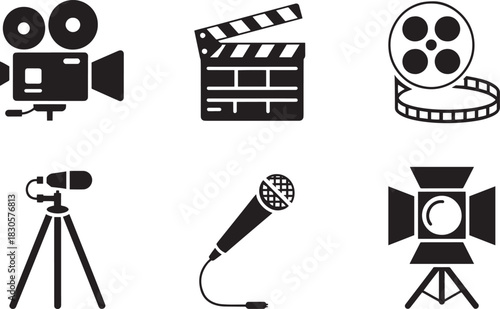 Set of black vector icons representing video production equipment on transparent background