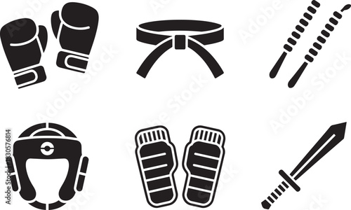 Set of black vector icons representing martial arts combat sports equipment on transparent background