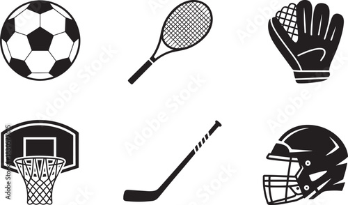 Sports equipment vector icons set includes soccer ball tennis racket baseball glove hoop stick helmet