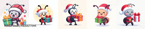 cute ant character vector in Christmas clothes carrying gifts