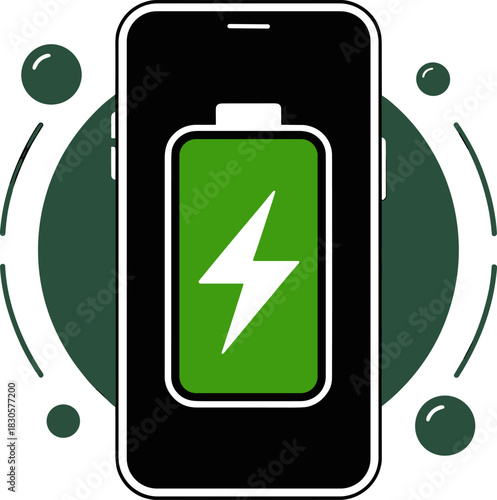 Full Battery Charge Vector Illustration on Smartphone Screen. Optimized Mobile Phone Power Icon with Lightning Bolt Symbol and Wireless Energy Transfer Concept in Modern Flat Design.