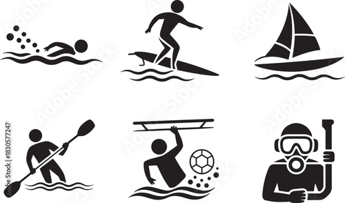 Water sports black icon set isolated on transparent background activity pictogram collection