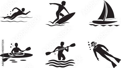 Water sports icons swimming surfing sailing kayaking canoeing and snorkeling silhouette set