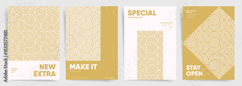 Golden Wave Minimal Poster Set. Abstract Korean Japanese Pattern Cover Templates.  Elegant beige geometric pattern backgrounds for modern brochure, flyer, packaging and branding cover design.
