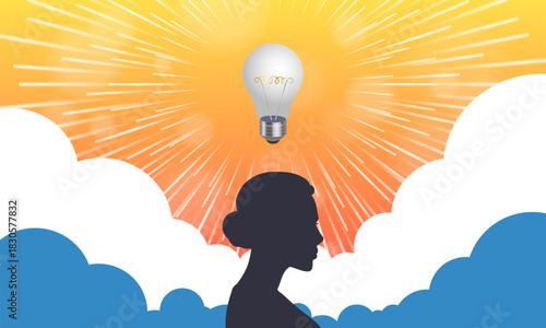 Vector dark silhouette of lady against background of clouds. Concept. Radiant classic incandescent light bulb.Rays, idea and cartoon sky. Female inspiration and thoughts. Womens power and intelligence