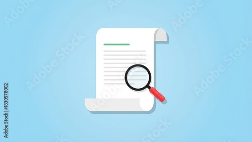 A document with lines and a magnifying glass on a light blue background in a flat lay style art